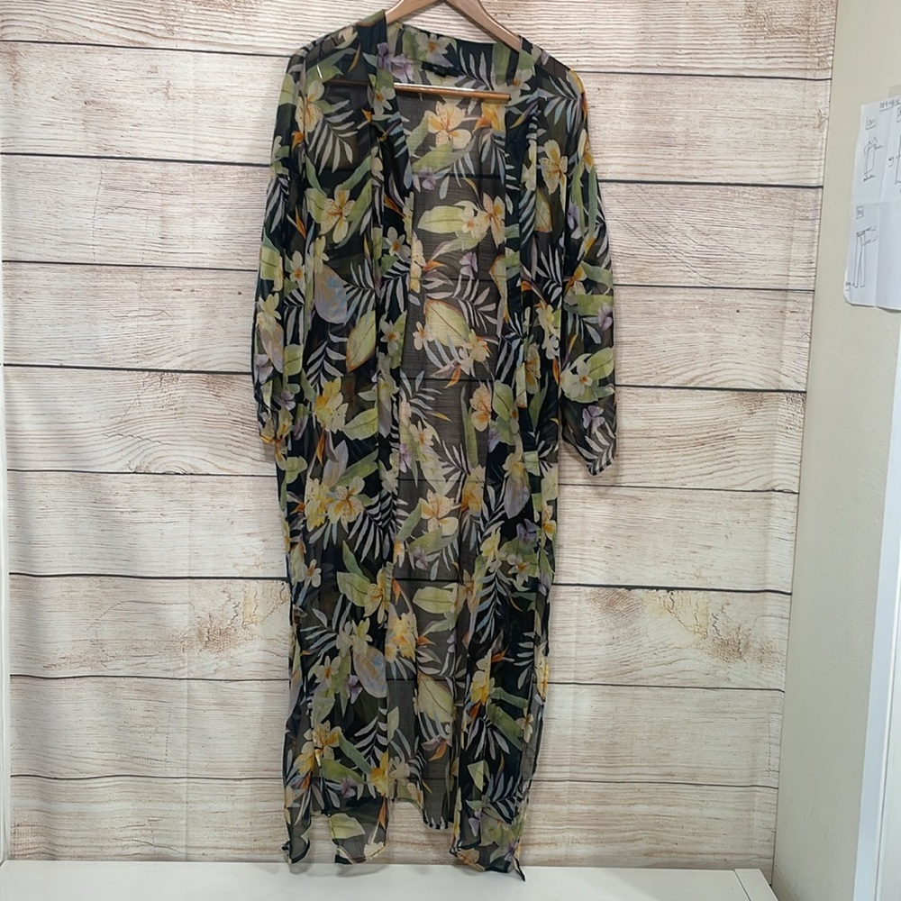 Forever 21 Large Floral Tropical Palm Print Long Kimono